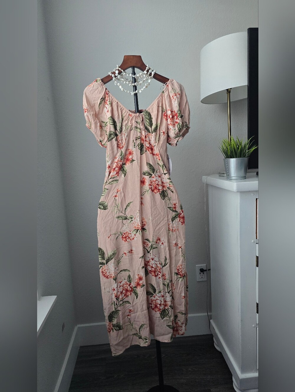 NWT Scoop S Midi Puff Sleeve Dress Tossed Hydrangea Peach Floral Side Slit Smock